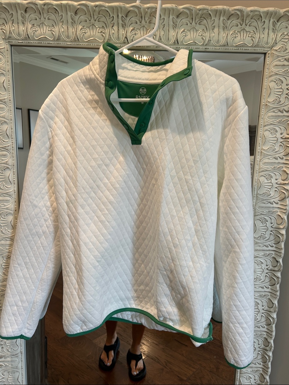 Renwick White Quilted Pullover with Green Trim